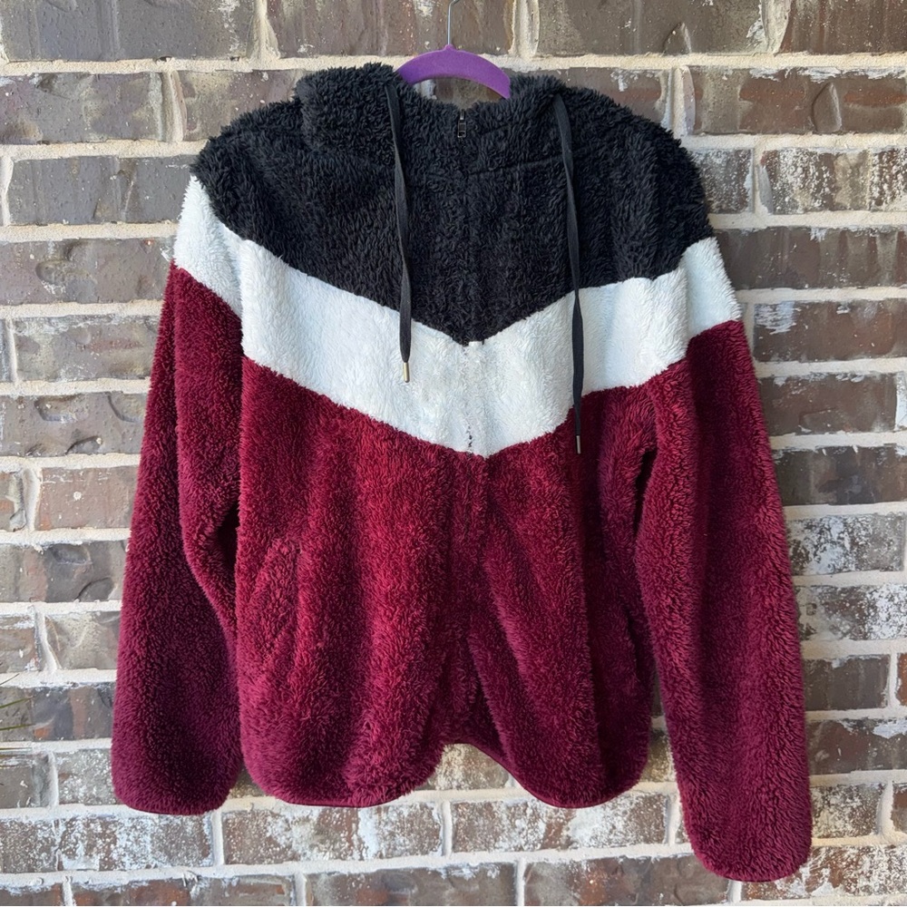 P.J. Salvage Womens Hooded Faux Fur Sweater Jacket, Red size Large